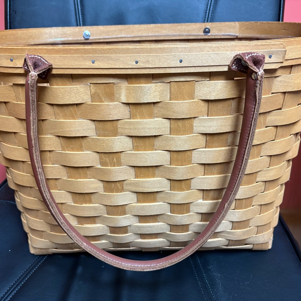 Longaberger Tan Woven Tote with Leather Straps